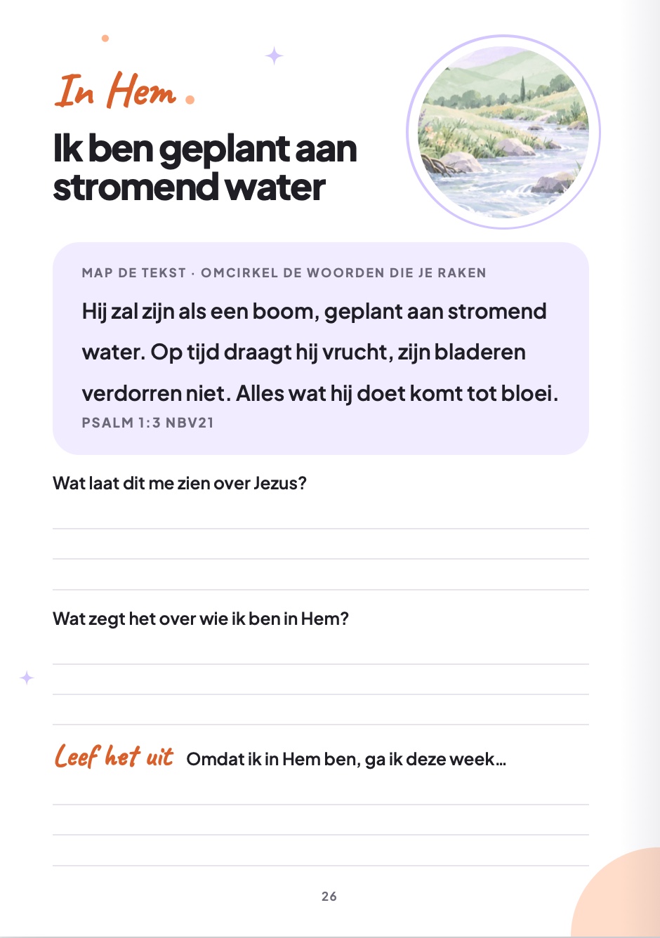 De In Hem-pagina met een vers om te verkennen en vragen