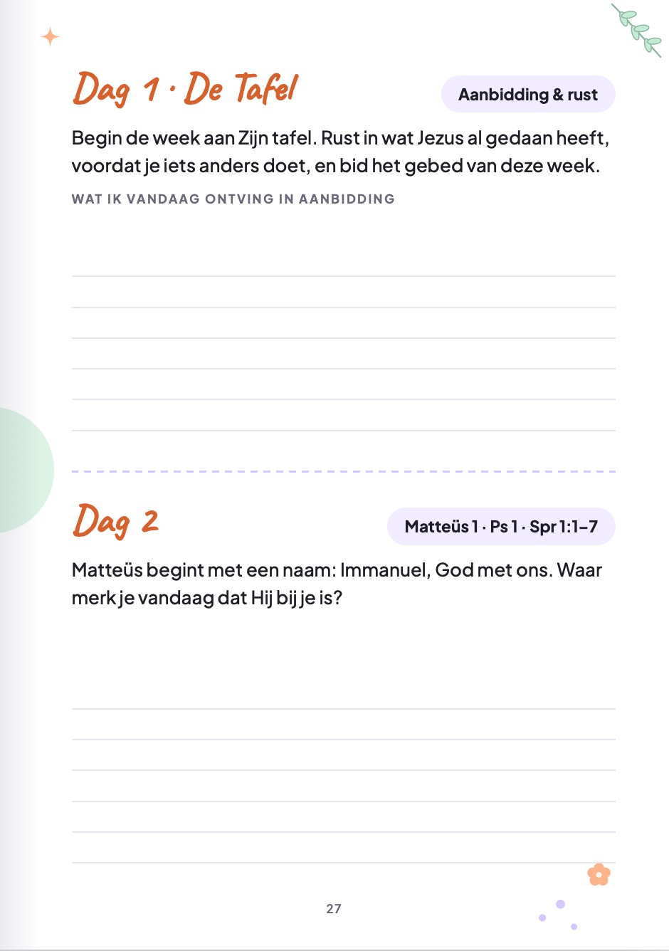 De schrijfpagina voor dag 1 en dag 2