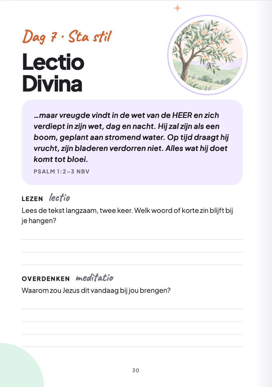 Lectio Divina-pagina met het bijbelgedeelte, lezen en overdenken