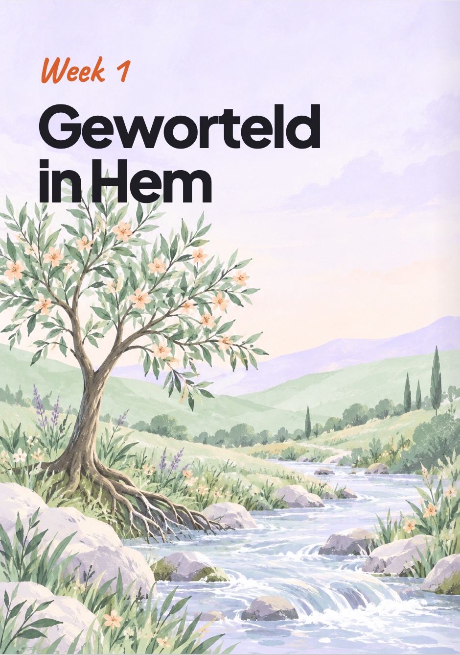 Opening van week één: de boomillustratie met de titel Geworteld in Hem