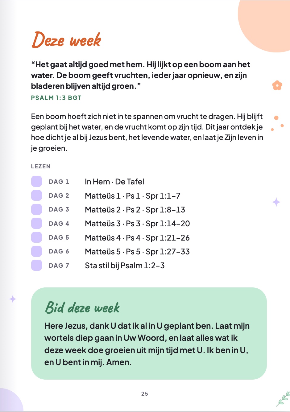 Het weekoverzicht met de kerntekst, de leeslijst en het gebed
