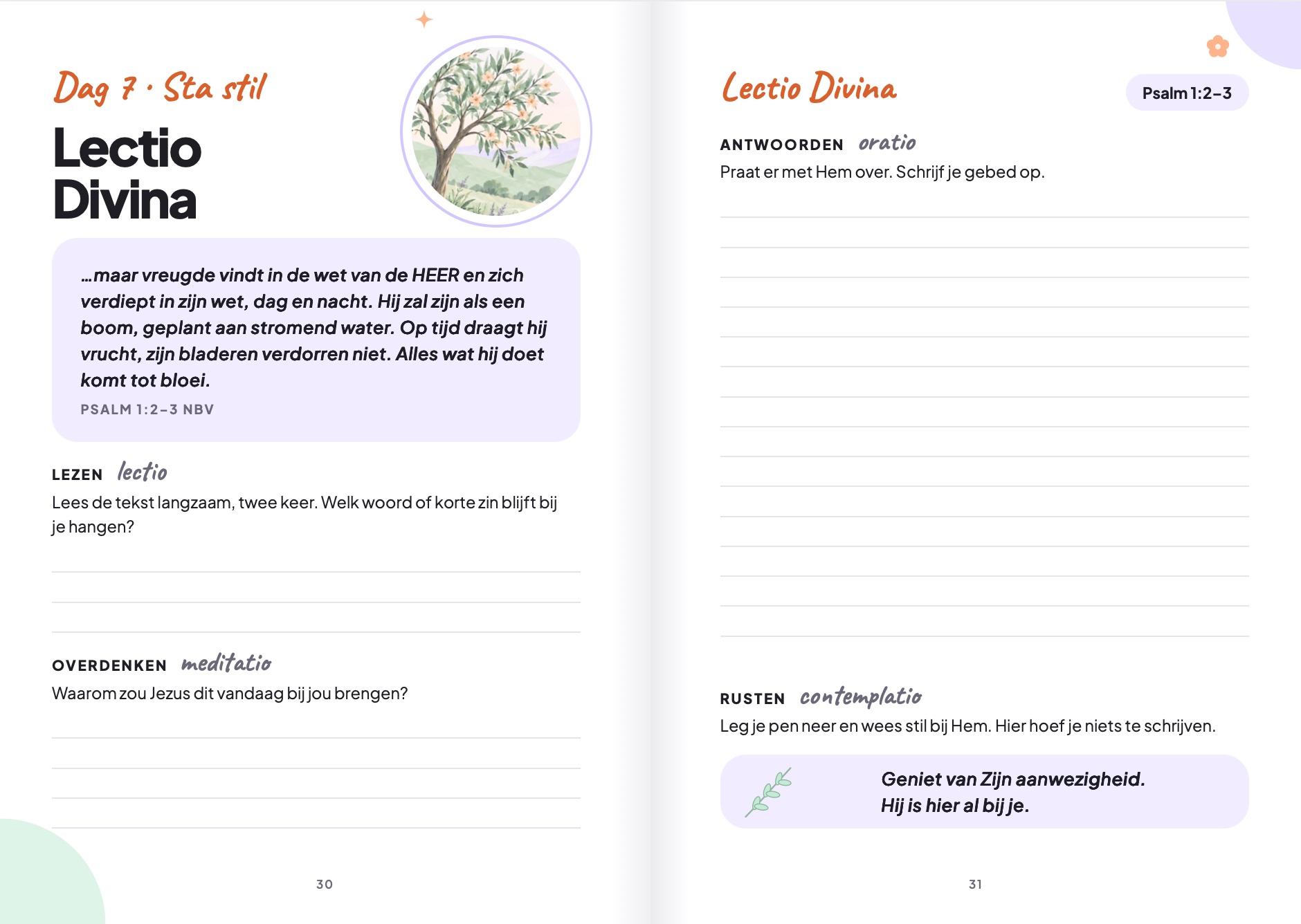 De Lectio Divina-pagina’s met het bijbelgedeelte en de stappen lezen, overdenken, antwoorden en rusten