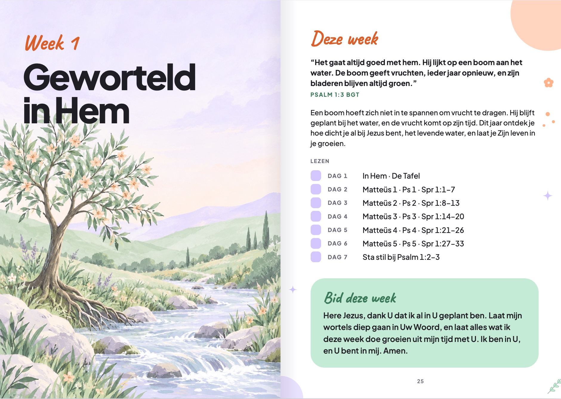 Openingspagina’s van week één: de boomillustratie met de titel Geworteld in Hem, naast het weekoverzicht met de kerntekst, de leeslijst en het gebed