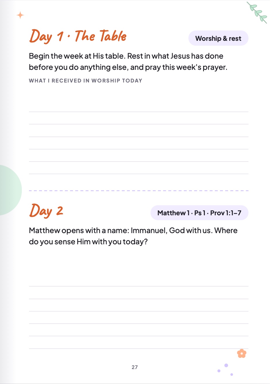 The Day 1 and Day 2 journaling page