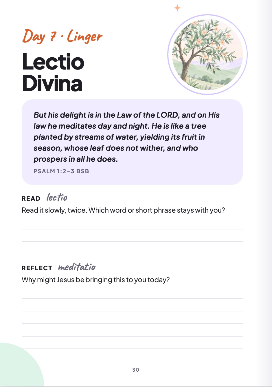 Lectio Divina page with the passage, Read and Reflect