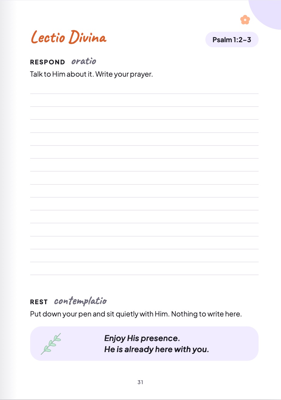 Lectio Divina page with Respond and Rest