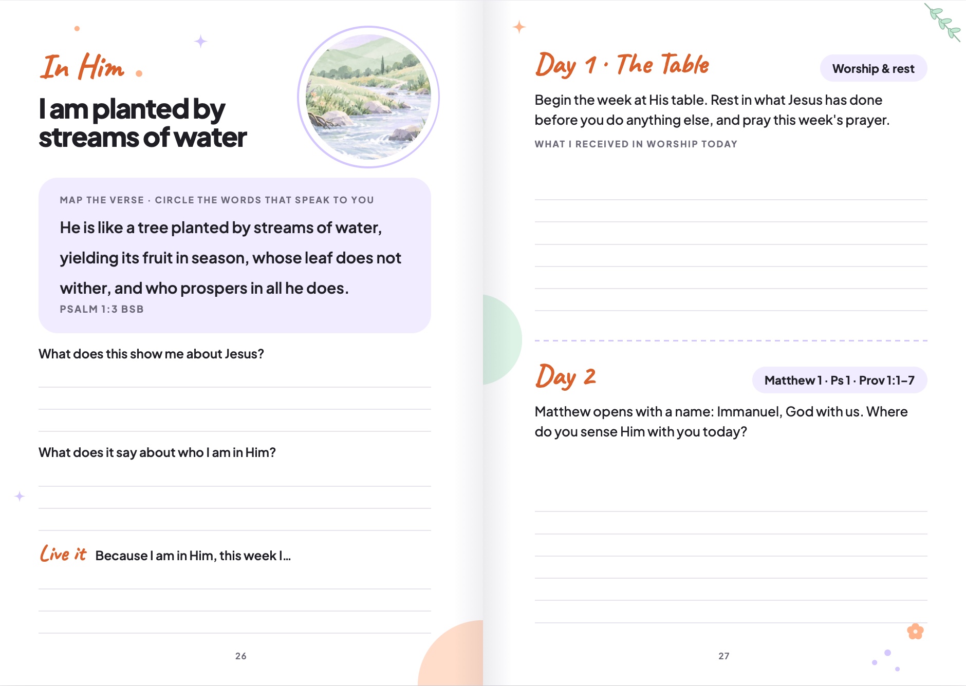 The In Him page with a verse to map and questions, next to the Day 1 and Day 2 journaling page