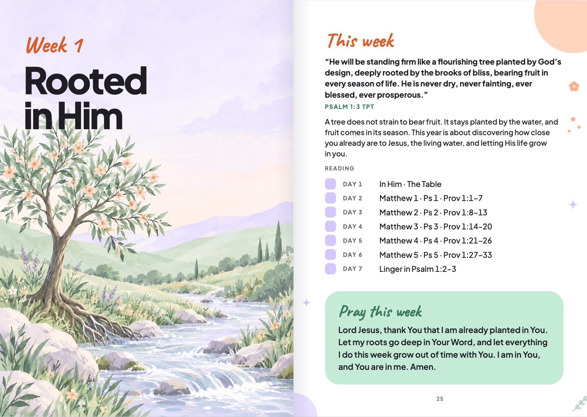 Week one opening spread: the tree illustration titled Rooted in Him, next to the week overview with the key verse, reading checklist and prayer