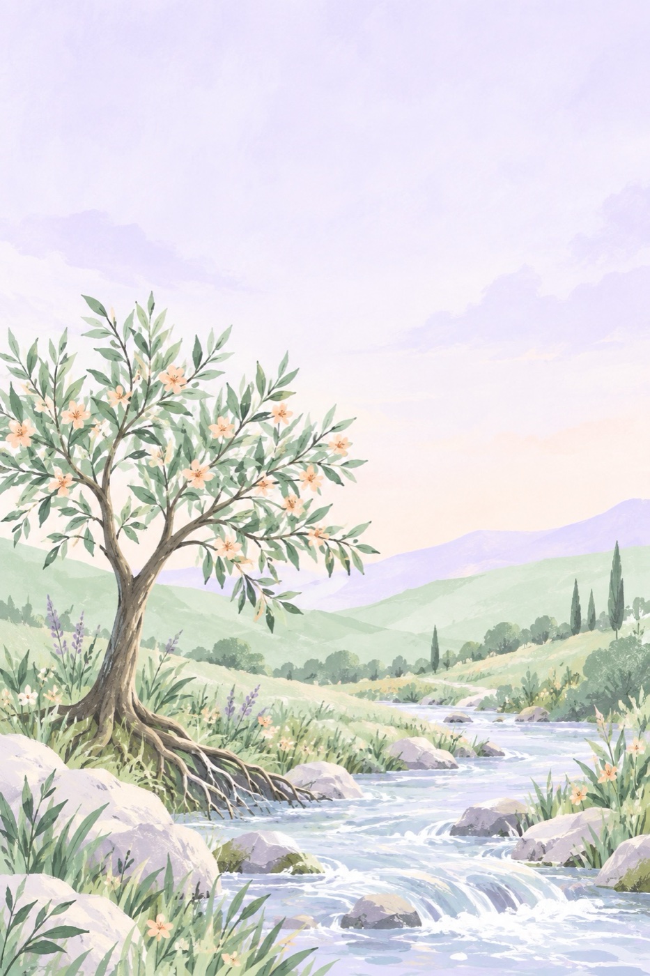 A blossoming tree planted beside a stream, the illustration that opens week one of the In Him journal